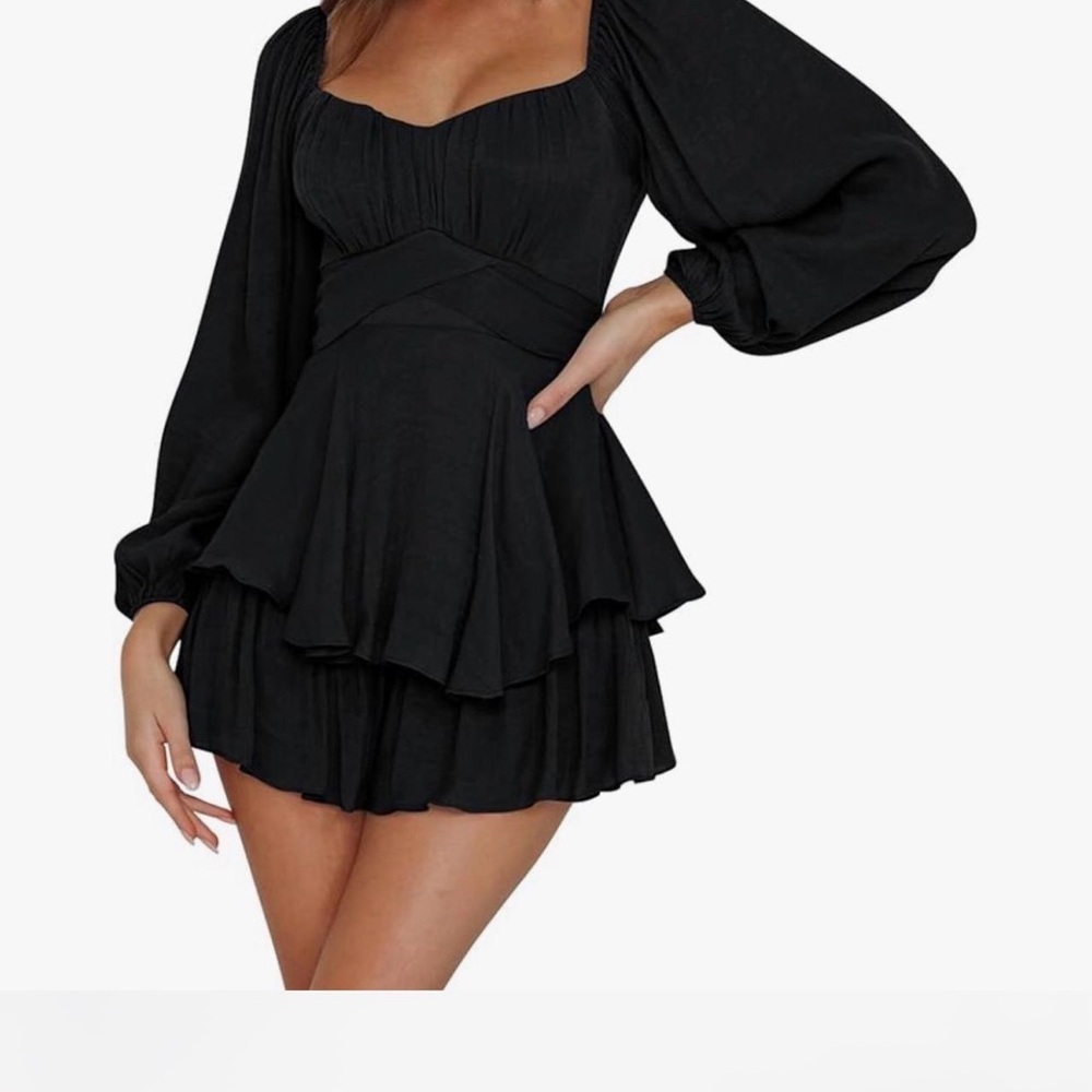 Long Sleeve Romper Ruffle Layer Back Tie Mini Short Jumpsuit